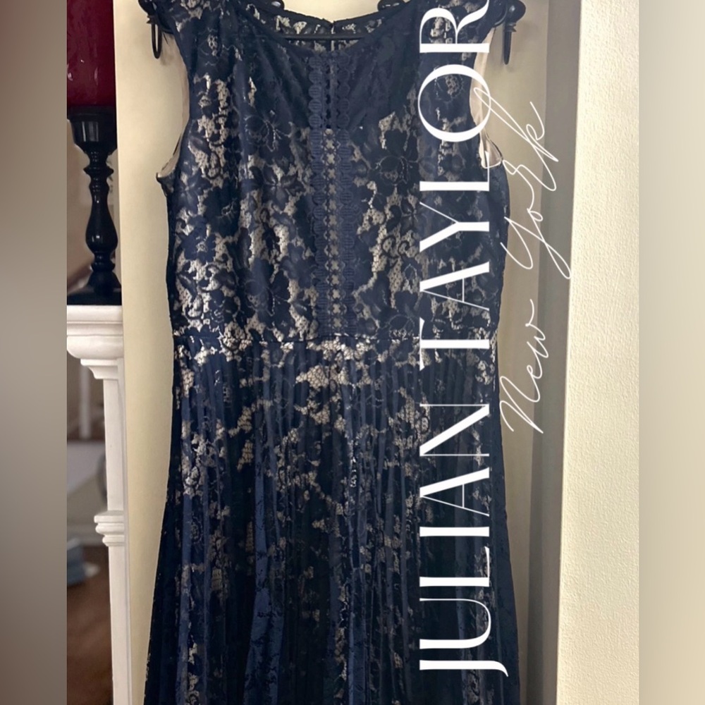 Navy Blue Cream Floral Lace Sleeveless Dress. Calf length. Only worn twice.